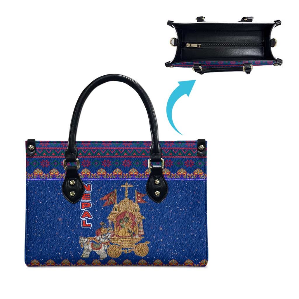 Nepal Christmas Leather Bag with Blue-Red Pattern, Hindu Chariot Scene, and Om Symbol Motif - Wonder Print Shop