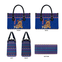 Nepal Christmas Leather Bag with Blue-Red Pattern, Hindu Chariot Scene, and Om Symbol Motif - Wonder Print Shop