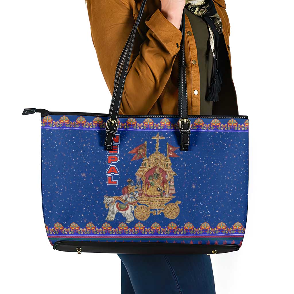 Nepal Christmas Leather Tote Bag with Blue-Red Pattern, Hindu Chariot Scene, and Om Symbol Motif - Wonder Print Shop