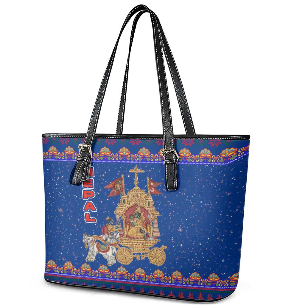 Nepal Christmas Leather Tote Bag with Blue-Red Pattern, Hindu Chariot Scene, and Om Symbol Motif - Wonder Print Shop