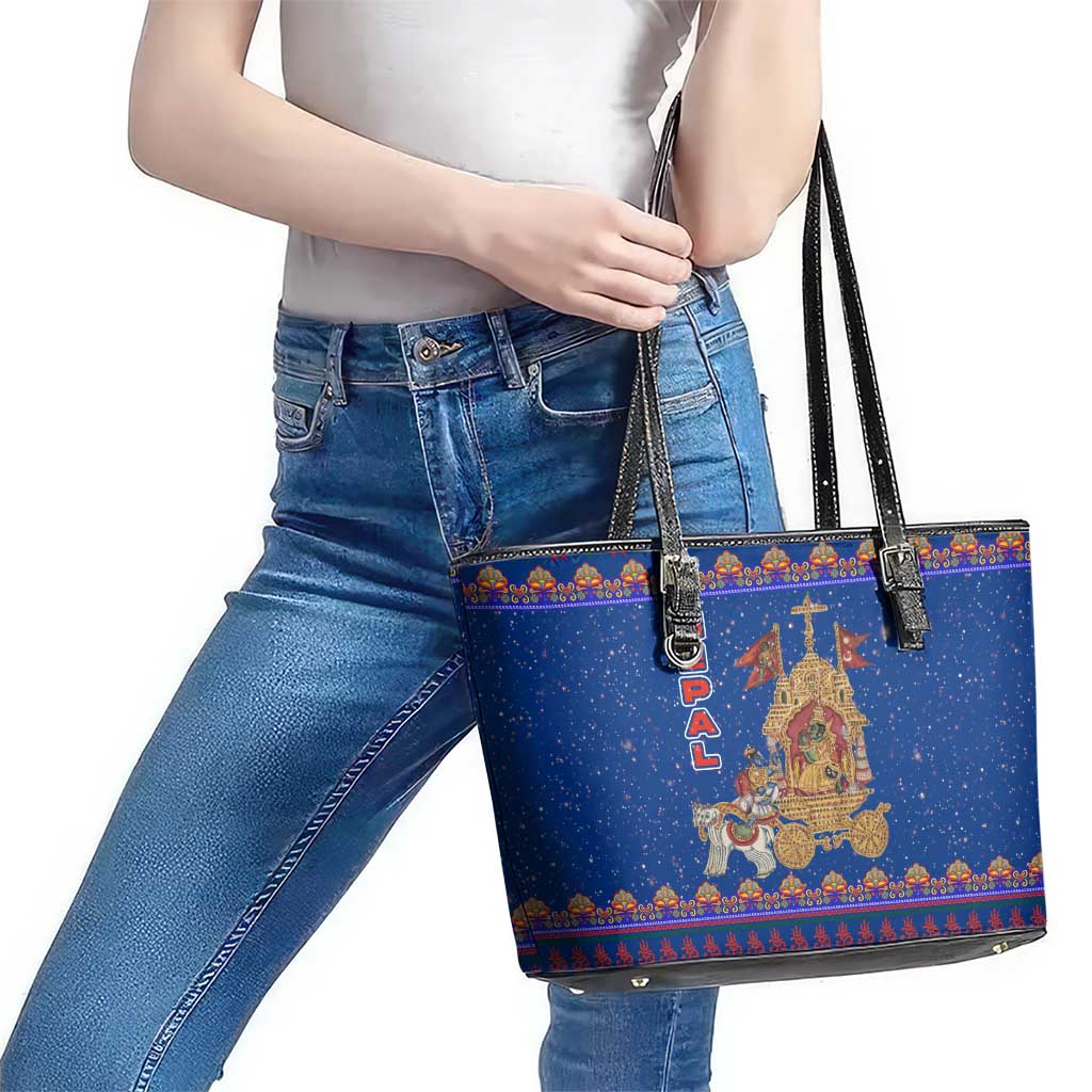 Nepal Christmas Leather Tote Bag with Blue-Red Pattern, Hindu Chariot Scene, and Om Symbol Motif - Wonder Print Shop