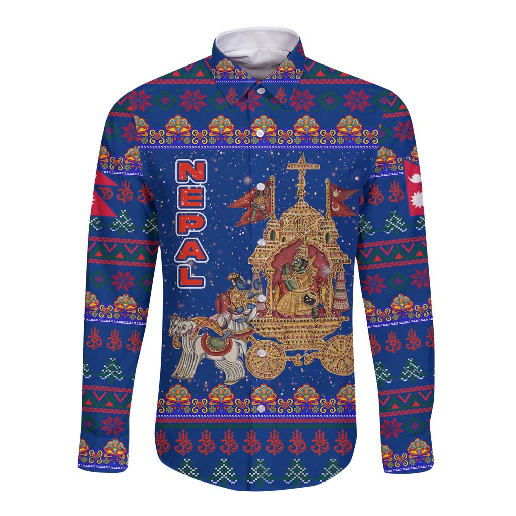 Nepal Christmas Long Sleeve Button Shirt with Blue-Red Pattern, Hindu Chariot Scene, and Om Symbol Motif - Wonder Print Shop