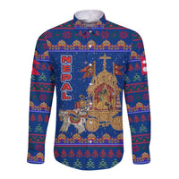 Nepal Christmas Long Sleeve Button Shirt with Blue-Red Pattern, Hindu Chariot Scene, and Om Symbol Motif - Wonder Print Shop