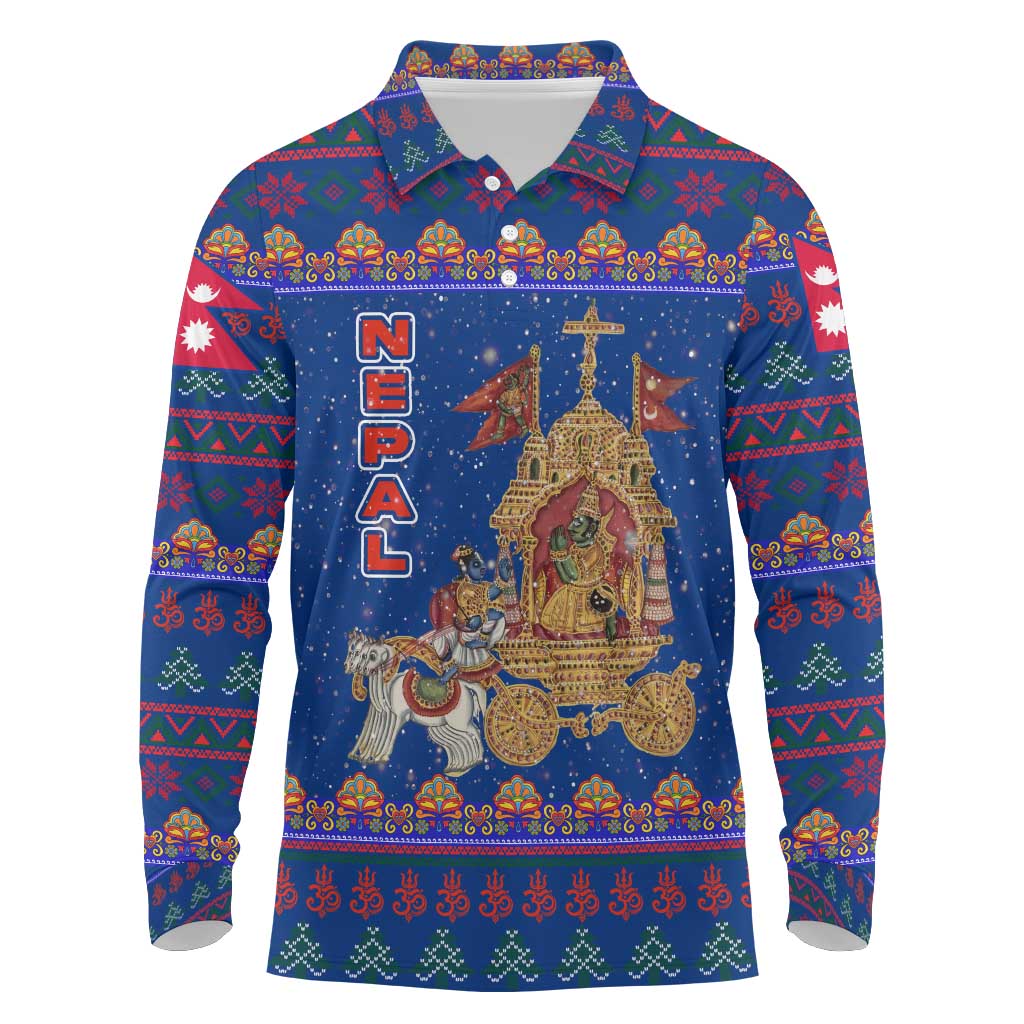 Nepal Christmas Long Sleeve Polo Shirt with Blue-Red Pattern, Hindu Chariot Scene, and Om Symbol Motif - Wonder Print Shop