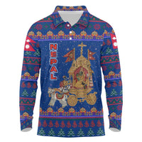 Nepal Christmas Long Sleeve Polo Shirt with Blue-Red Pattern, Hindu Chariot Scene, and Om Symbol Motif - Wonder Print Shop
