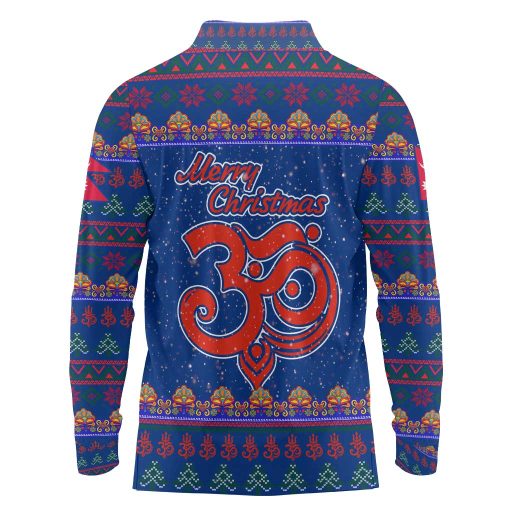 Nepal Christmas Long Sleeve Polo Shirt with Blue-Red Pattern, Hindu Chariot Scene, and Om Symbol Motif - Wonder Print Shop
