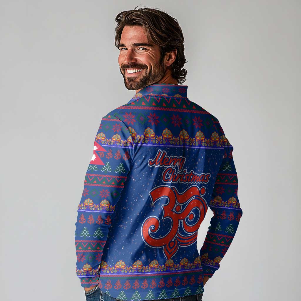 Nepal Christmas Long Sleeve Polo Shirt with Blue-Red Pattern, Hindu Chariot Scene, and Om Symbol Motif - Wonder Print Shop