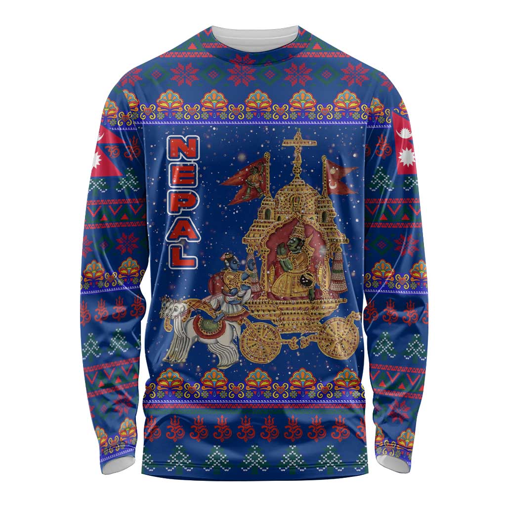 Nepal Christmas Long Sleeve Shirt with Blue-Red Pattern, Hindu Chariot Scene, and Om Symbol Motif - Wonder Print Shop