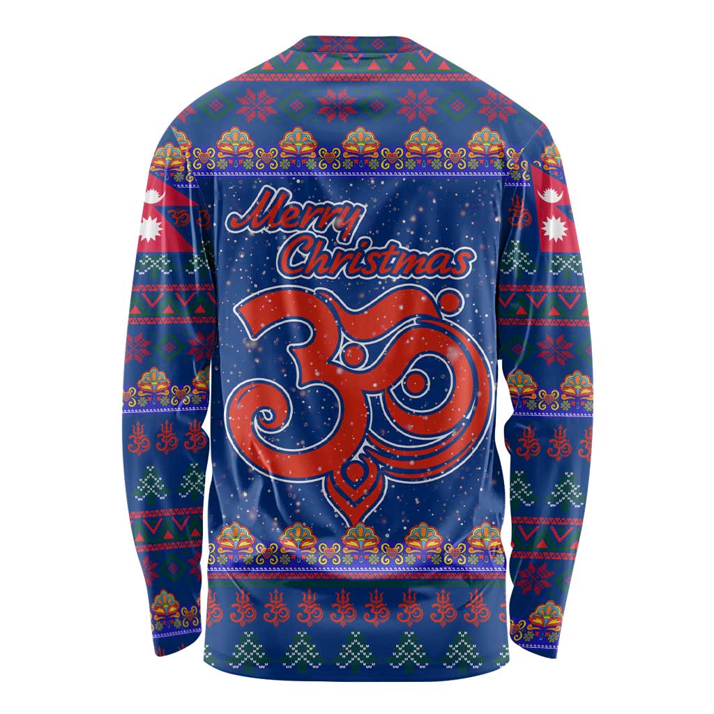 Nepal Christmas Long Sleeve Shirt with Blue-Red Pattern, Hindu Chariot Scene, and Om Symbol Motif - Wonder Print Shop