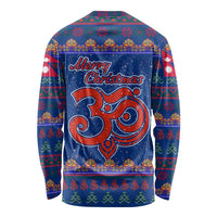 Nepal Christmas Long Sleeve Shirt with Blue-Red Pattern, Hindu Chariot Scene, and Om Symbol Motif - Wonder Print Shop
