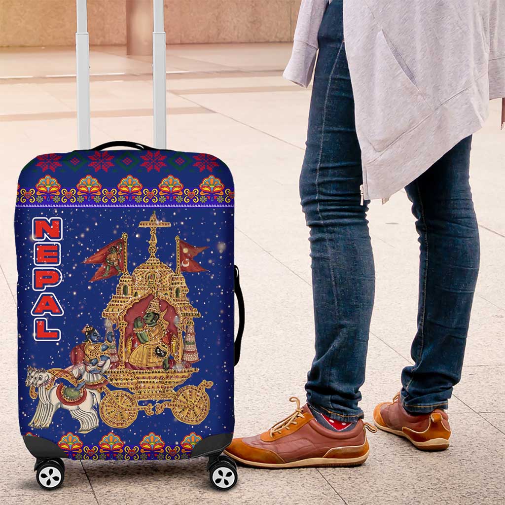 Nepal Christmas Luggage Cover with Blue-Red Pattern, Hindu Chariot Scene, and Om Symbol Motif - Wonder Print Shop