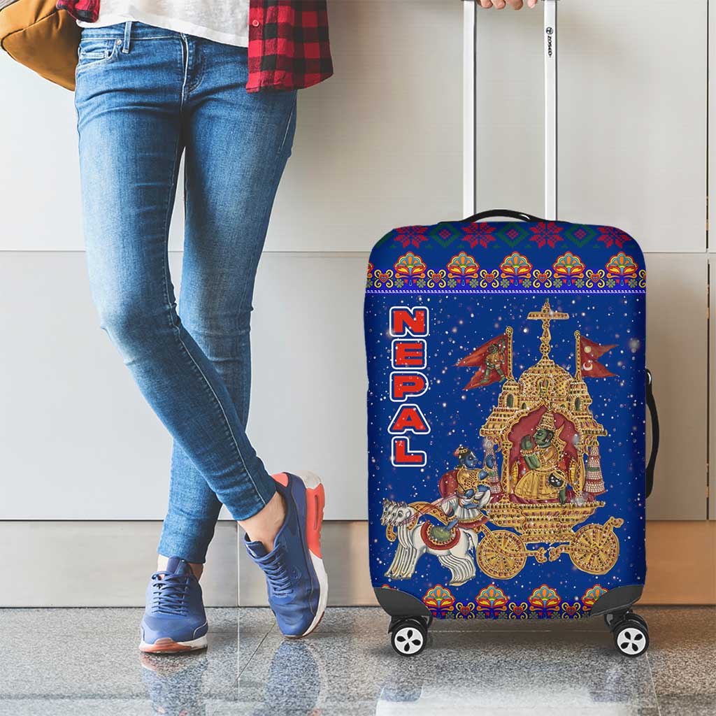Nepal Christmas Luggage Cover with Blue-Red Pattern, Hindu Chariot Scene, and Om Symbol Motif - Wonder Print Shop