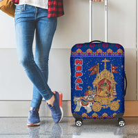 Nepal Christmas Luggage Cover with Blue-Red Pattern, Hindu Chariot Scene, and Om Symbol Motif - Wonder Print Shop