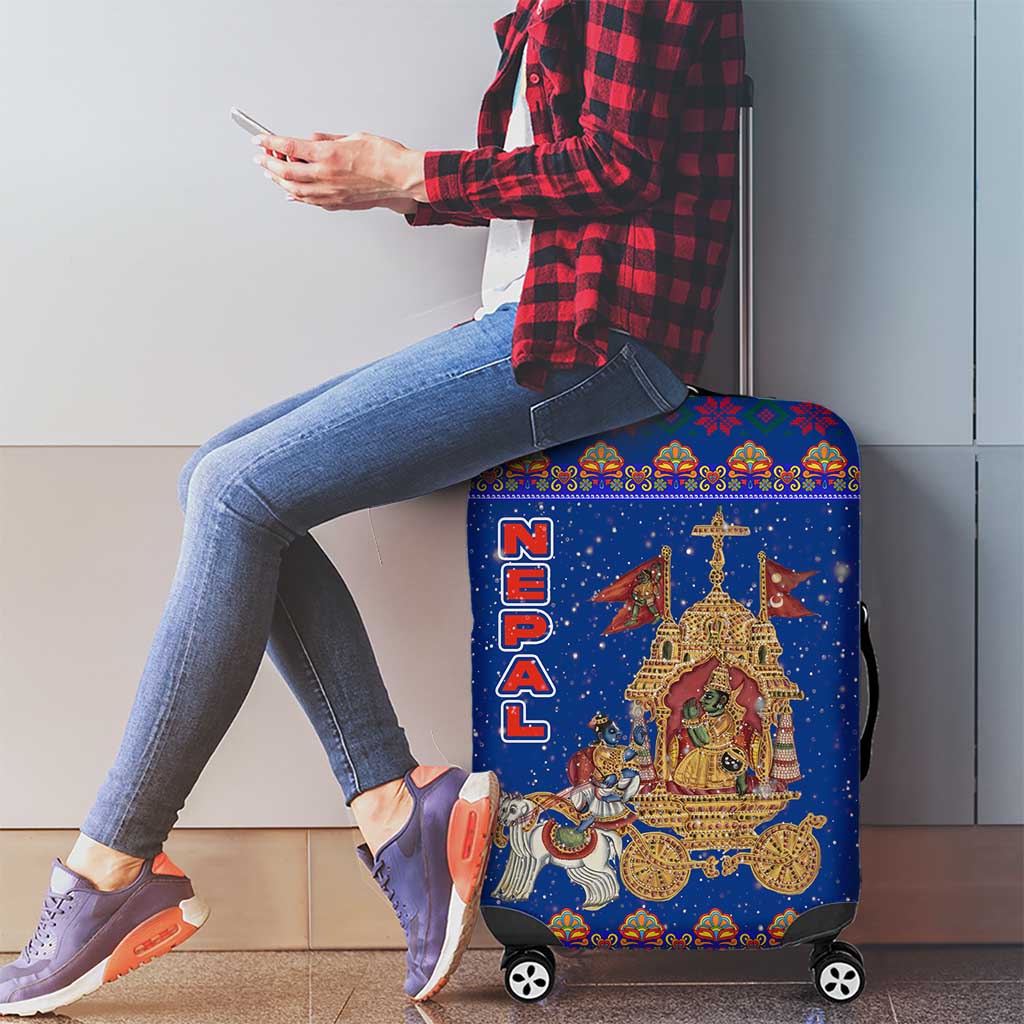 Nepal Christmas Luggage Cover with Blue-Red Pattern, Hindu Chariot Scene, and Om Symbol Motif - Wonder Print Shop