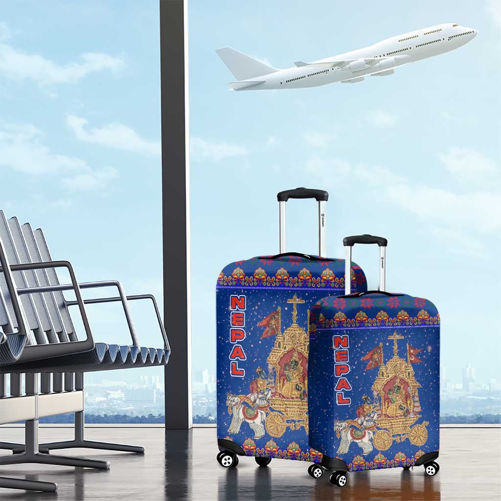 Nepal Christmas Luggage Cover with Blue-Red Pattern, Hindu Chariot Scene, and Om Symbol Motif - Wonder Print Shop