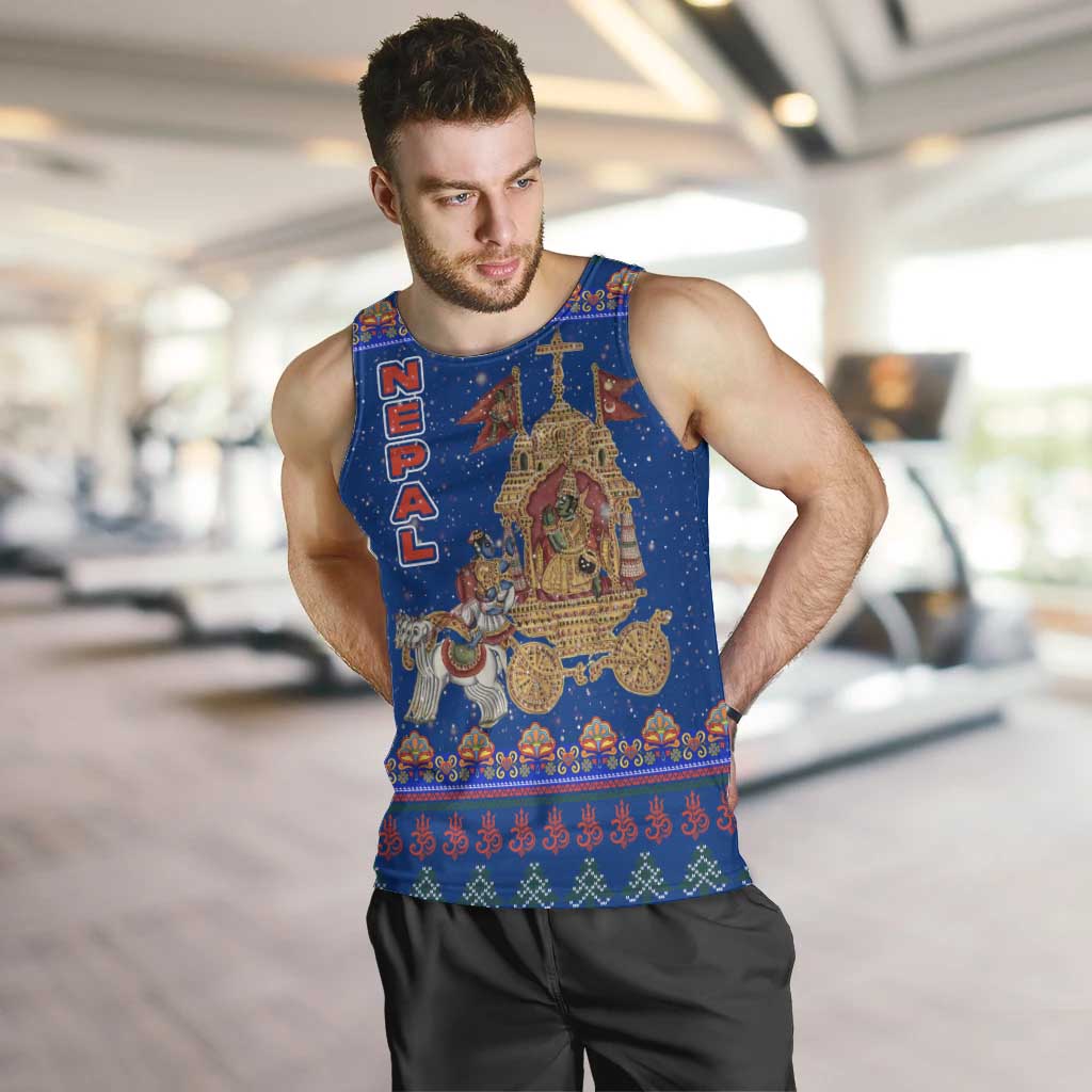 Nepal Christmas Men Tank Top with Blue-Red Pattern, Hindu Chariot Scene, and Om Symbol Motif - Wonder Print Shop