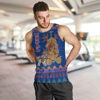 Nepal Christmas Men Tank Top with Blue-Red Pattern, Hindu Chariot Scene, and Om Symbol Motif - Wonder Print Shop