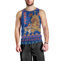 Nepal Christmas Men Tank Top with Blue-Red Pattern, Hindu Chariot Scene, and Om Symbol Motif - Wonder Print Shop