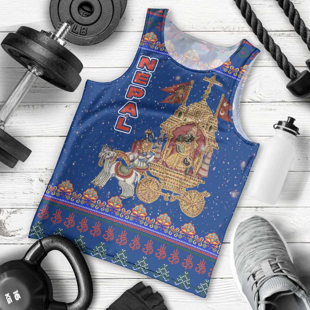Nepal Christmas Men Tank Top with Blue-Red Pattern, Hindu Chariot Scene, and Om Symbol Motif - Wonder Print Shop