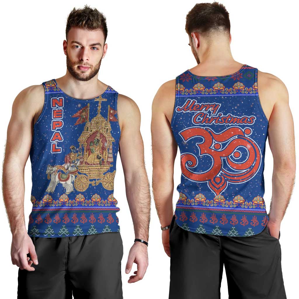 Nepal Christmas Men Tank Top with Blue-Red Pattern, Hindu Chariot Scene, and Om Symbol Motif - Wonder Print Shop