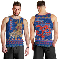 Nepal Christmas Men Tank Top with Blue-Red Pattern, Hindu Chariot Scene, and Om Symbol Motif - Wonder Print Shop