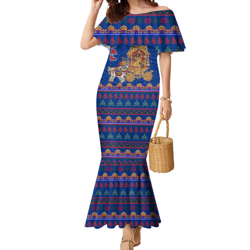 Nepal Christmas Mermaid Dress with Blue-Red Pattern, Hindu Chariot Scene, and Om Symbol Motif - Wonder Print Shop