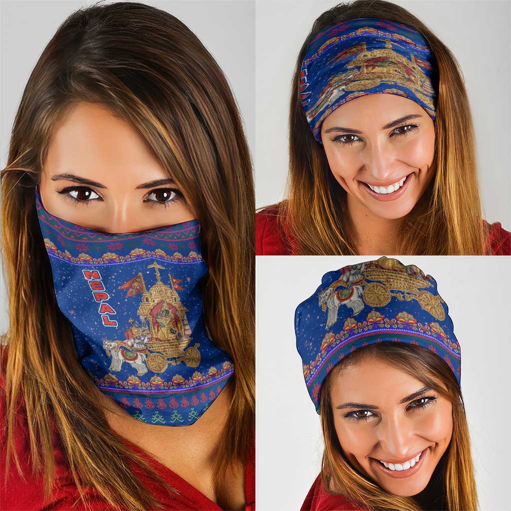 Nepal Christmas Neck Gaiter with Blue-Red Pattern, Hindu Chariot Scene, and Om Symbol Motif - Wonder Print Shop