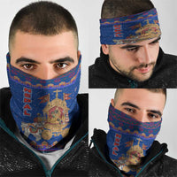 Nepal Christmas Neck Gaiter with Blue-Red Pattern, Hindu Chariot Scene, and Om Symbol Motif - Wonder Print Shop
