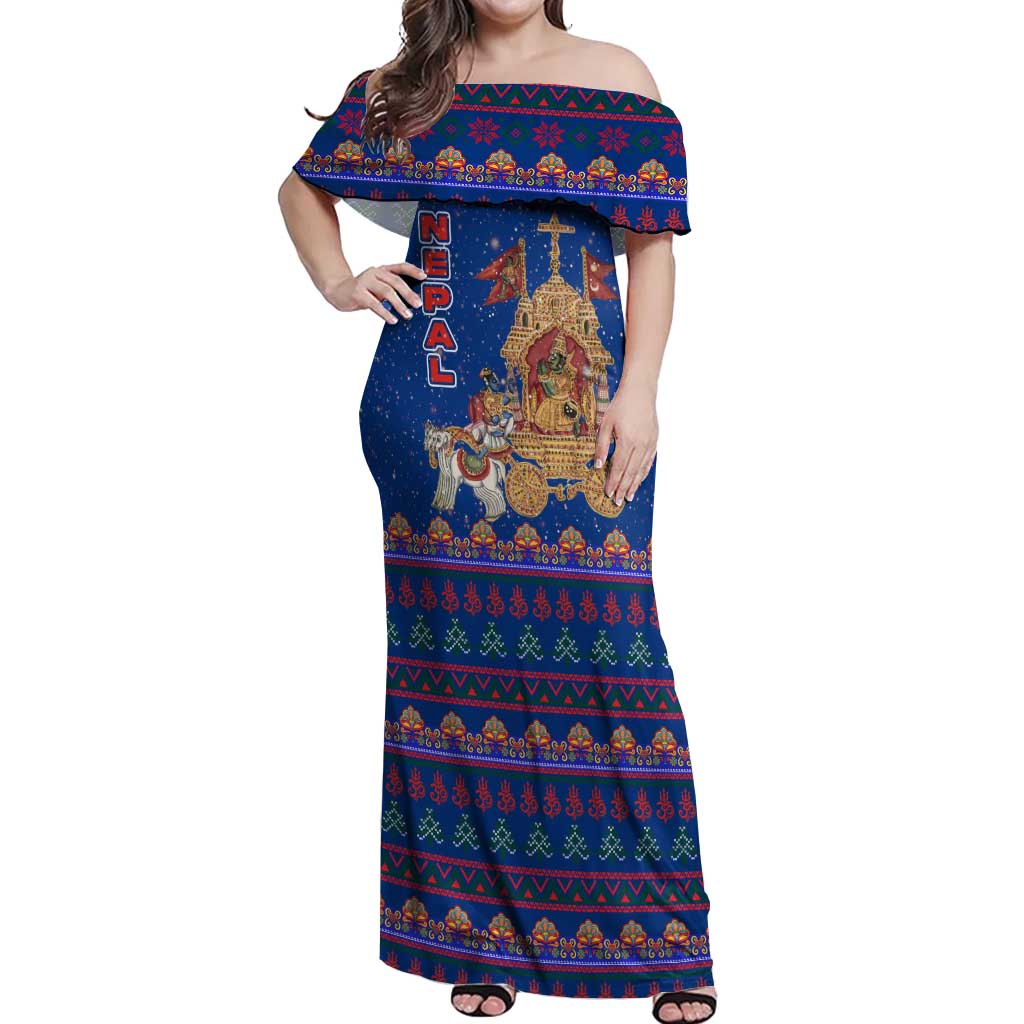 Nepal Christmas Off Shoulder Maxi Dress with Blue-Red Pattern, Hindu Chariot Scene, and Om Symbol Motif - Wonder Print Shop