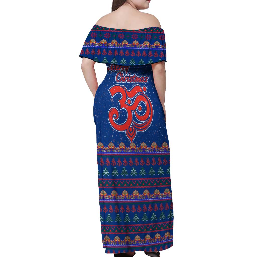 Nepal Christmas Off Shoulder Maxi Dress with Blue-Red Pattern, Hindu Chariot Scene, and Om Symbol Motif - Wonder Print Shop
