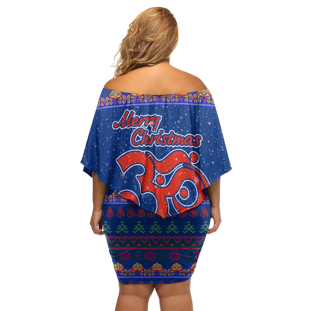 Nepal Christmas Off Shoulder Short Dress with Blue-Red Pattern, Hindu Chariot Scene, and Om Symbol Motif - Wonder Print Shop
