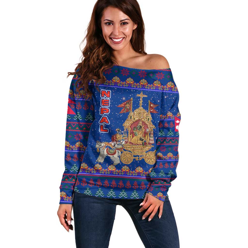 Nepal Christmas Off Shoulder Sweater with Blue-Red Pattern, Hindu Chariot Scene, and Om Symbol Motif - Wonder Print Shop
