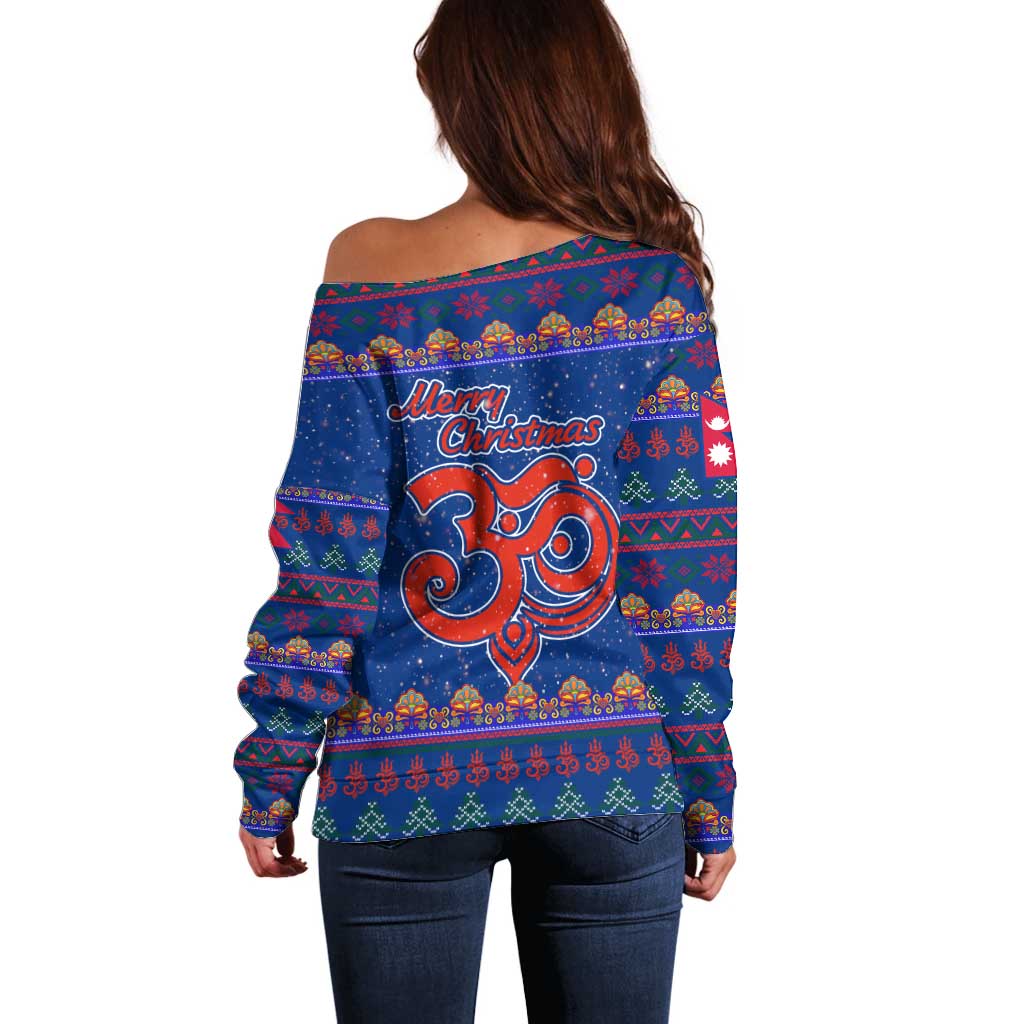 Nepal Christmas Off Shoulder Sweater with Blue-Red Pattern, Hindu Chariot Scene, and Om Symbol Motif - Wonder Print Shop
