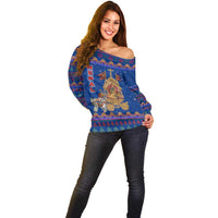 Nepal Christmas Off Shoulder Sweater with Blue-Red Pattern, Hindu Chariot Scene, and Om Symbol Motif - Wonder Print Shop