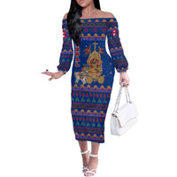 Nepal Christmas Off The Shoulder Long Sleeve Dress with Blue-Red Pattern, Hindu Chariot Scene, and Om Symbol Motif - Wonder Print Shop