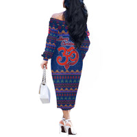 Nepal Christmas Off The Shoulder Long Sleeve Dress with Blue-Red Pattern, Hindu Chariot Scene, and Om Symbol Motif - Wonder Print Shop