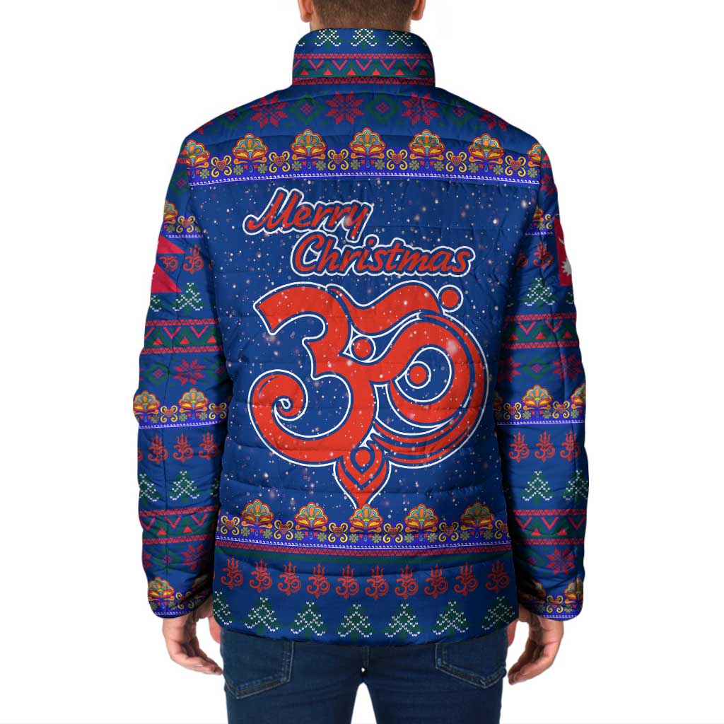 Nepal Christmas Padded Jacket with Blue-Red Pattern, Hindu Chariot Scene, and Om Symbol Motif - Wonder Print Shop