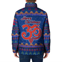 Nepal Christmas Padded Jacket with Blue-Red Pattern, Hindu Chariot Scene, and Om Symbol Motif - Wonder Print Shop
