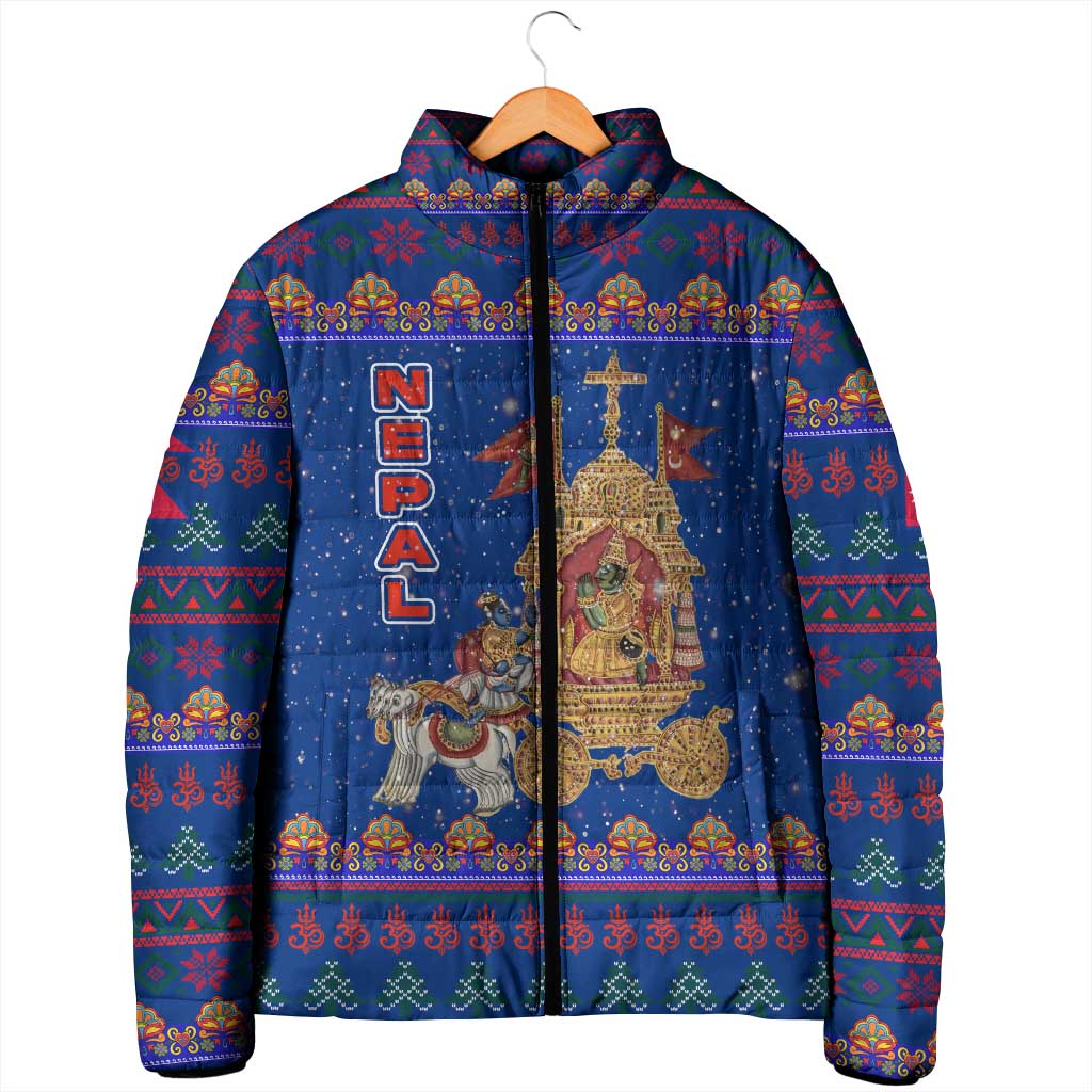 Nepal Christmas Padded Jacket with Blue-Red Pattern, Hindu Chariot Scene, and Om Symbol Motif - Wonder Print Shop