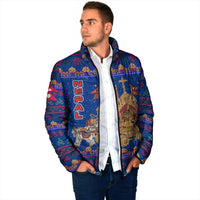 Nepal Christmas Padded Jacket with Blue-Red Pattern, Hindu Chariot Scene, and Om Symbol Motif - Wonder Print Shop
