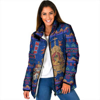 Nepal Christmas Padded Jacket with Blue-Red Pattern, Hindu Chariot Scene, and Om Symbol Motif - Wonder Print Shop
