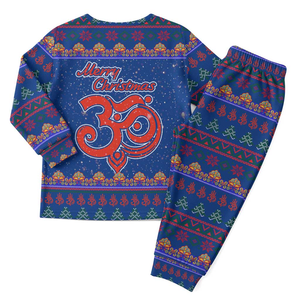 Nepal Christmas Pajama Set with Blue-Red Pattern, Hindu Chariot Scene, and Om Symbol Motif - Wonder Print Shop