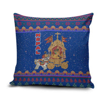 Nepal Christmas Pillow Cover with Blue-Red Pattern, Hindu Chariot Scene, and Om Symbol Motif - Wonder Print Shop