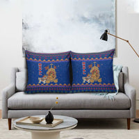 Nepal Christmas Pillow Cover with Blue-Red Pattern, Hindu Chariot Scene, and Om Symbol Motif - Wonder Print Shop