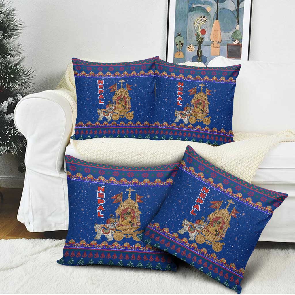 Nepal Christmas Pillow Cover with Blue-Red Pattern, Hindu Chariot Scene, and Om Symbol Motif - Wonder Print Shop