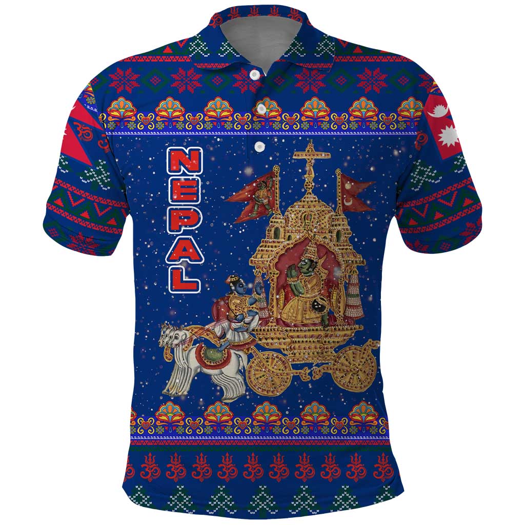 Nepal Christmas Polo Shirt with Blue-Red Pattern, Hindu Chariot Scene, and Om Symbol Motif - Wonder Print Shop