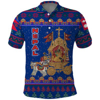 Nepal Christmas Polo Shirt with Blue-Red Pattern, Hindu Chariot Scene, and Om Symbol Motif - Wonder Print Shop