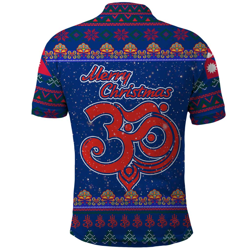 Nepal Christmas Polo Shirt with Blue-Red Pattern, Hindu Chariot Scene, and Om Symbol Motif - Wonder Print Shop
