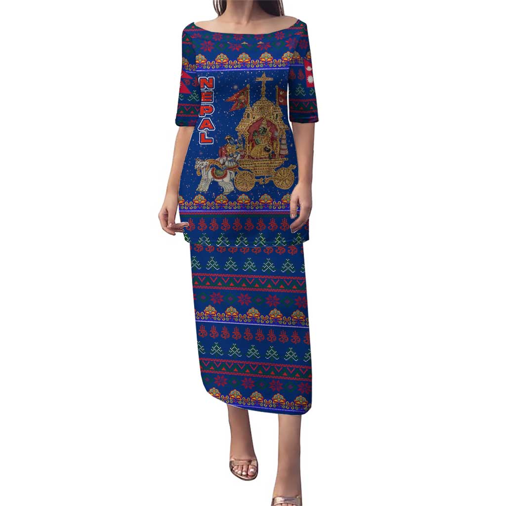 Nepal Christmas Puletasi with Blue-Red Pattern, Hindu Chariot Scene, and Om Symbol Motif - Wonder Print Shop