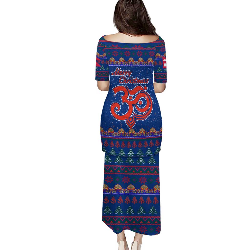 Nepal Christmas Puletasi with Blue-Red Pattern, Hindu Chariot Scene, and Om Symbol Motif - Wonder Print Shop